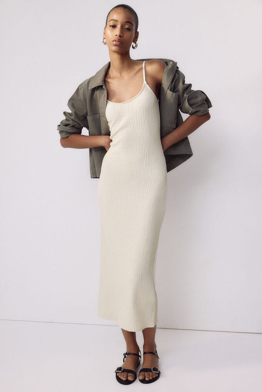 H&M Cream Crinkle Jersey Midi Dress XS Textured Bodycon Minimalist Neutral